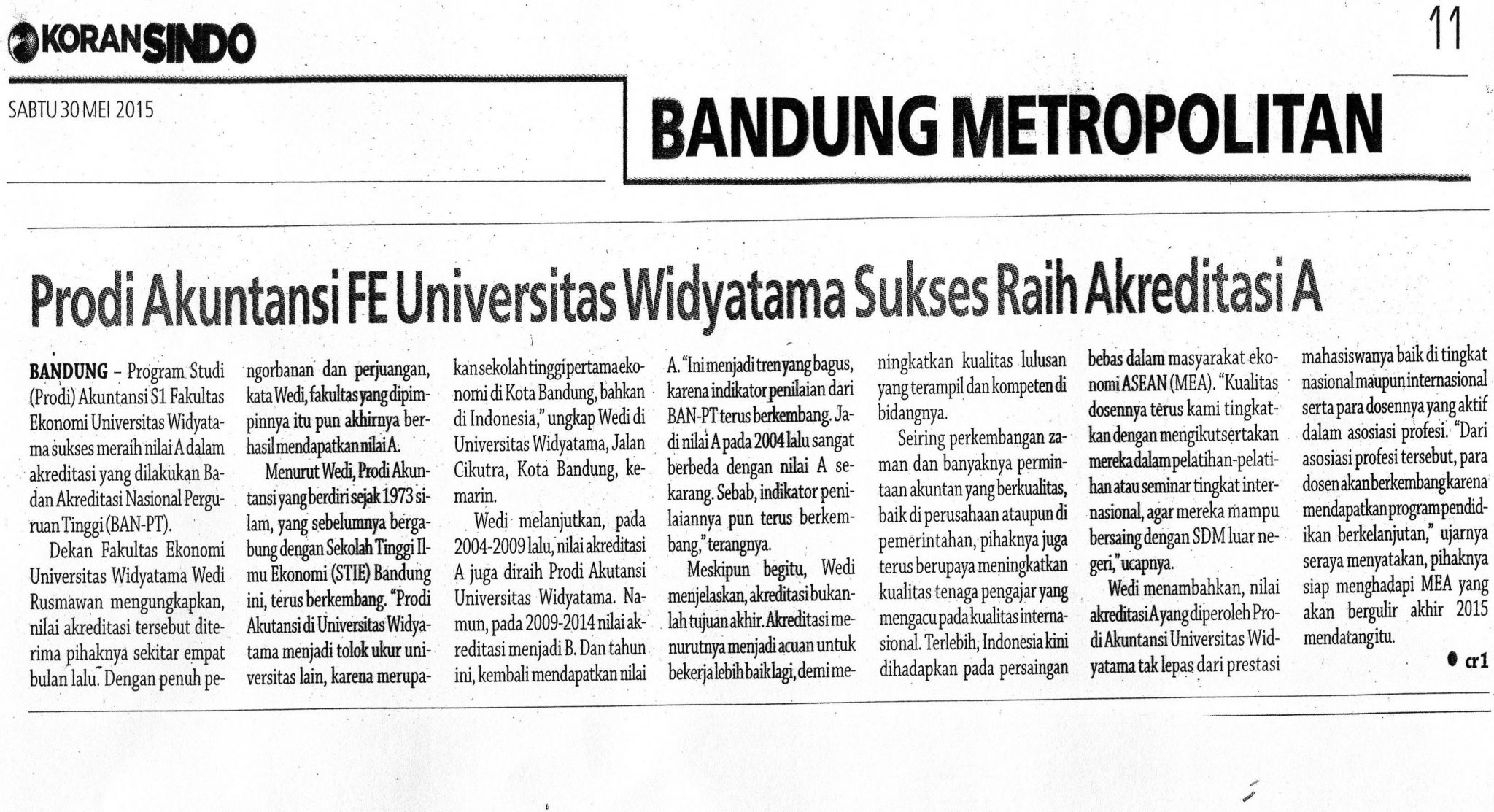 Sindo Akreditasi A - Program Studi Akuntansi S1 Universitas Widyatama dapat mempertahankan Eksistensinya
