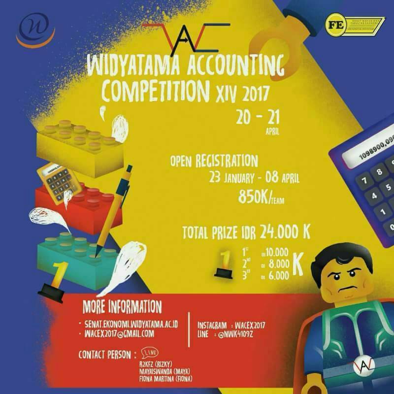 DAFTARKAN DIRIMU!! Senat Mahasiswa Fakultas Ekonomi Universitas Widyatama dengan bangga mempersembahkan : WAC XIV 2017 (Widyatama Accounting Competition) "COME OUT! TO BE THE BEST WITH ALL YOUR STRENGTH" untuk kalian para mahasiswa/i Universitas se- Indonesia yang berjiwa kompetitif Tidak hanya hadiah yang akan diperebutkan, namun pengalaman yang luar biasa akan kalian dapatkan! Click the poster for the details and we'll waiting you! Find us on : Line: @NWK4109Z Ig: wacex2017