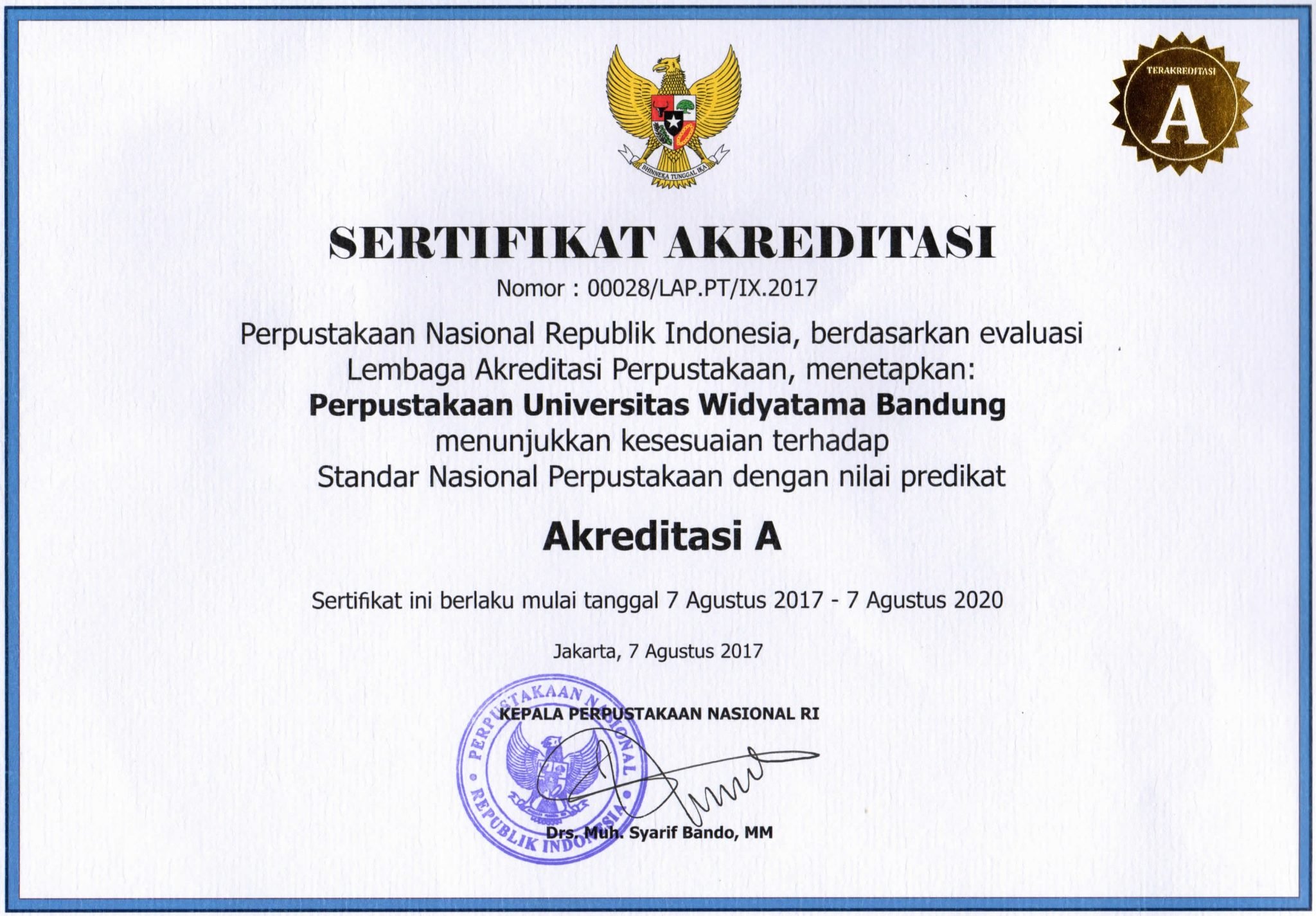 Widyatama University Library Awarded "A" Accreditation